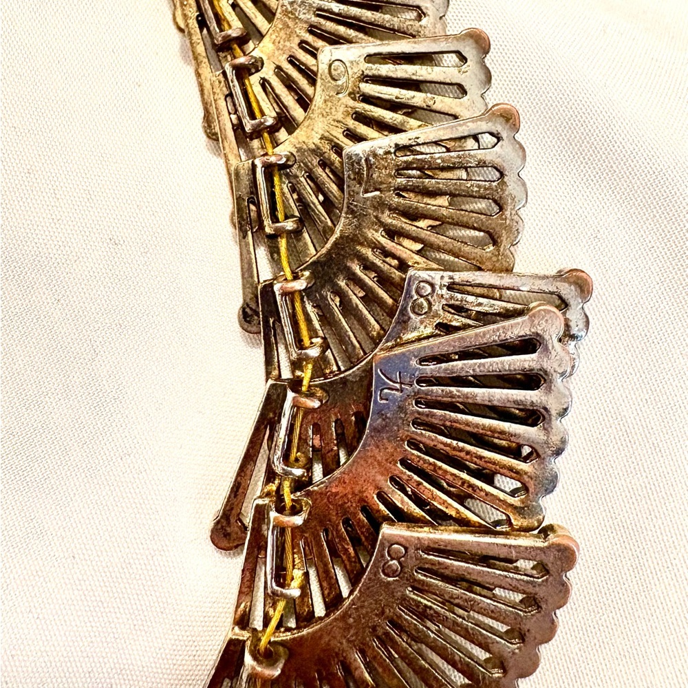Vintage Fan Panel Necklace, Articulated Numbered Construction, mixed metals - Picture 5 of 7